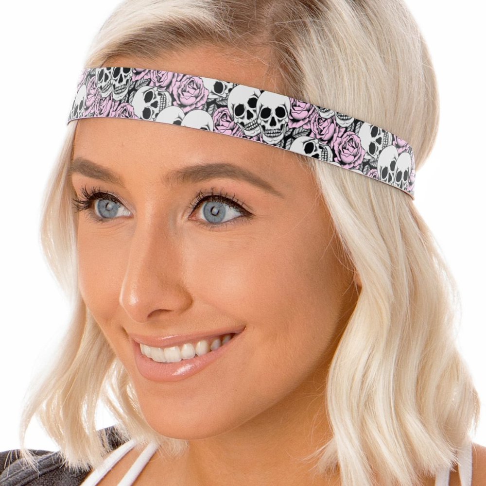 Hipsy Adjustable NO SLIP Skulls n Roses Pink Wide Non-Slip Headband